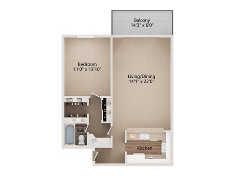 Floor plan for 1 bed, 1 bath, 753 sqft
